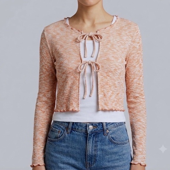 Moa Moa Tops - Moa Moa Womens Peach Orange Space Dye Tie Front Lettuce Edge Crop Top Size Large